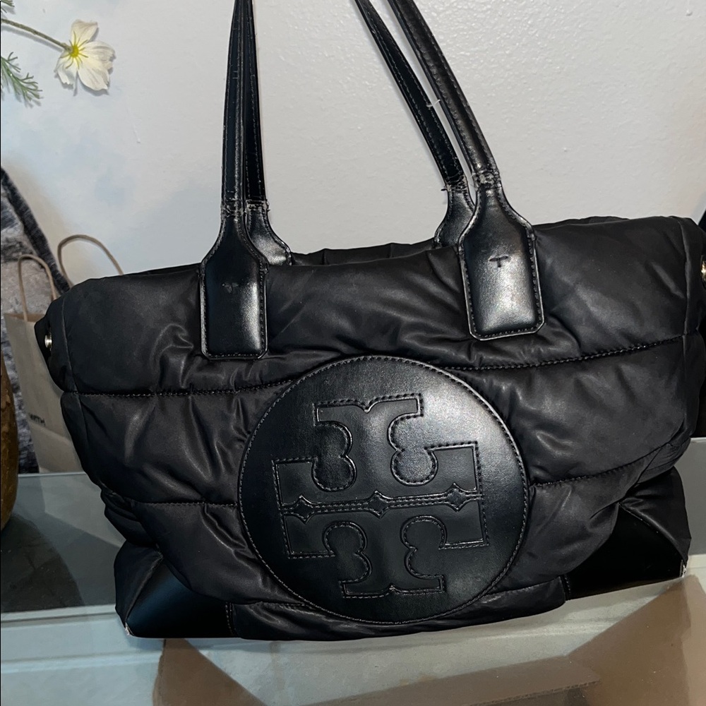 Tory Burch Ella Puffy Tote Black Nylon Leather Large Logo Shoulder Bag